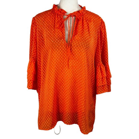 Like new! Alice + Olivia Orange Sheer Ruffled Sleeve Blouse Top Size Med… - Picture 3 of 12